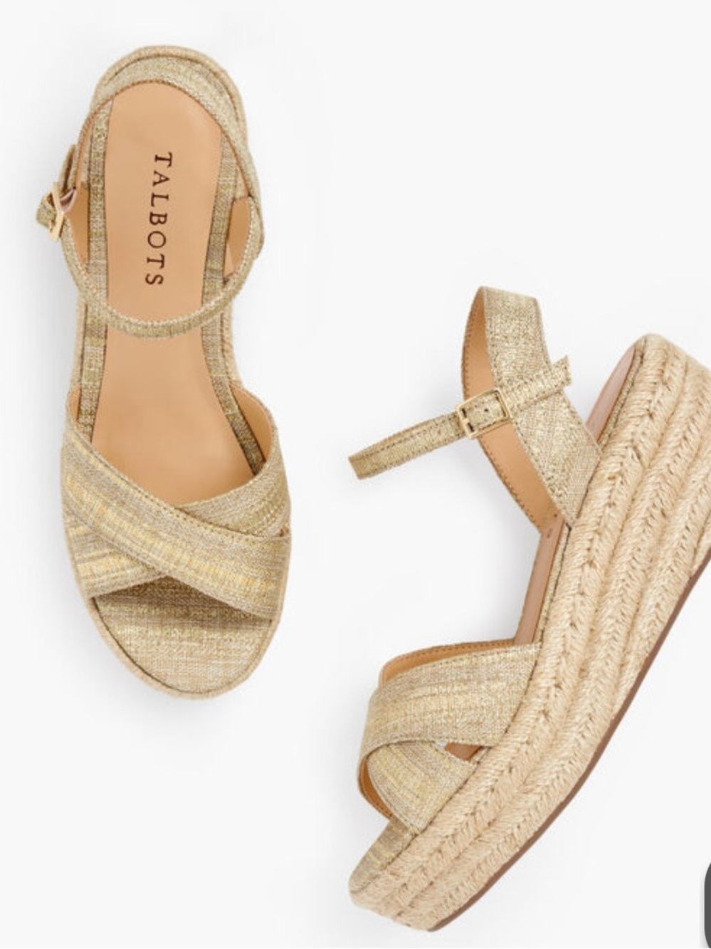 NWOT Talbots Tan Lurex Canvas Platform Wedge Sandals SZ 8.5